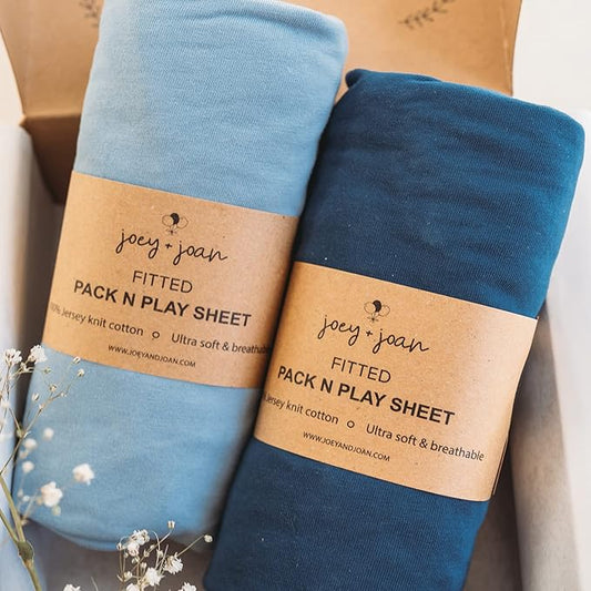 Travel Crib Fitted Sheets for Baby Bjorn, Guava Lotus Travel Crib and 24 x 42 Inch Travel Light Playard Mattress – Snuggly Soft 100% Jersey Cotton – Dusty Blue + Navy – 2 Pack