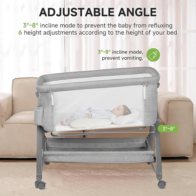 Real Relax Baby Bassinet Bedside Sleeper, 3 in 1 Bedside Rocking Bassinet for Baby with 6 Adjustable Height, Breathable Mesh Sides & Mattress, Storage Basket, Mosquito Nets, Easy to Fold, Grey
