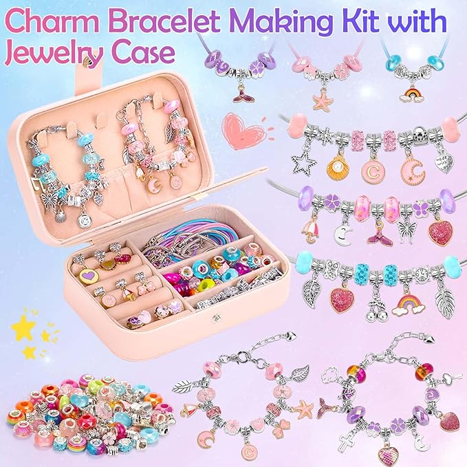 140 PCS Charm Bracelet Making Kit Cute Charm Beads for Jewelry Making DIY Bracelet Craft Kit for Valentine Christmas Birthday Gifts with Portable Bracelet Box