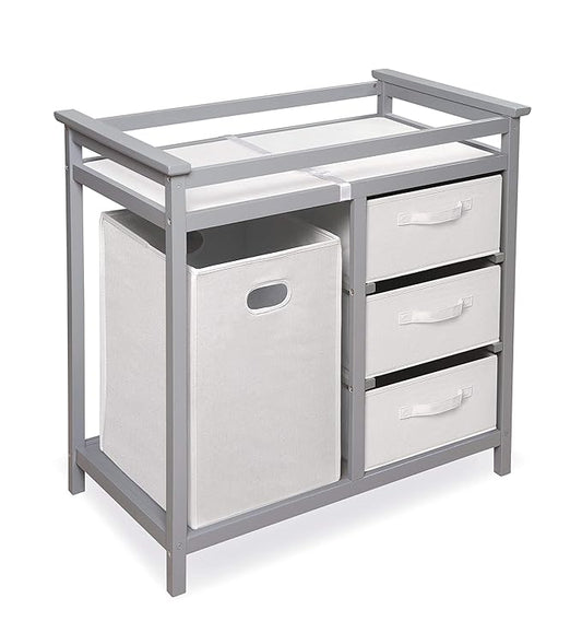 Badger Basket Modern Baby Changing Table - Nursery Furniture with Laundry Hamper and 3 Storage Drawers - Diaper Changing Station with Safety Belt, Changing Pad, and Organizer Baskets - Gray and White