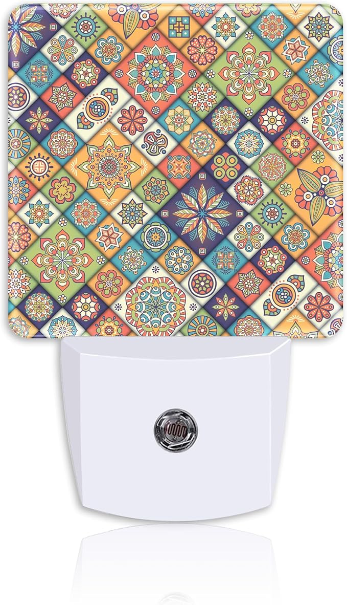 Vintage Bohemian Floral Patchwork Night Light Plug into Wall with Dusk to Dawn Sensor Energy Efficient LED Nightlight for Women Girls Boys Room Decor,Hallway,Kitchen,Bathroom,Nursery,Stairs