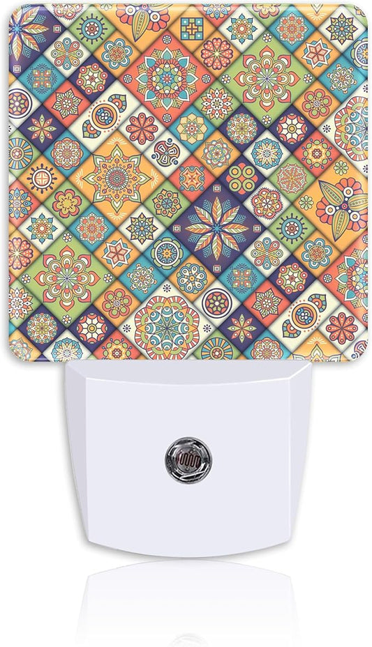 Vintage Bohemian Floral Patchwork Night Light Plug into Wall with Dusk to Dawn Sensor Energy Efficient LED Nightlight for Women Girls Boys Room Decor,Hallway,Kitchen,Bathroom,Nursery,Stairs