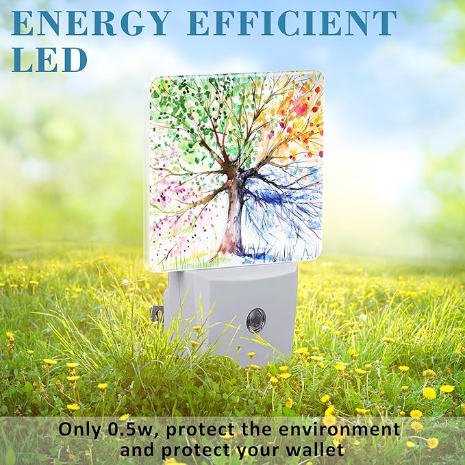 Night Light Plug into Wall Hand Painted Four Season Tree Night Light with Dusk to Dawn Sensor for Kid Girls Boys Women Men Room Decor, Hallway, Kitchen, Bathroom, Nursery, Stairs