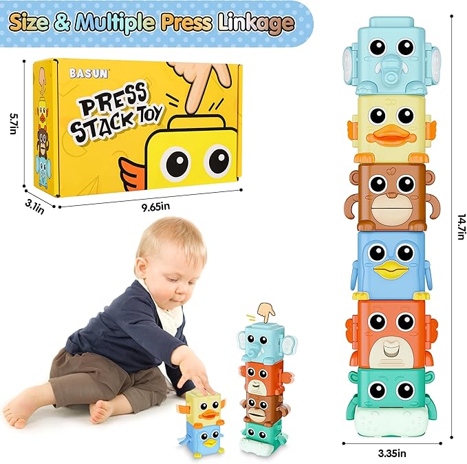 Stacking Toys Set for Toddlers 18+ Months, 6 in 1 Infant Sensory Toys with Changing Expressions, Pressable Animal Stacking Blocks, Christmas Birthday Gifts for 1 2 3 4 Years Old Baby Boys Girls