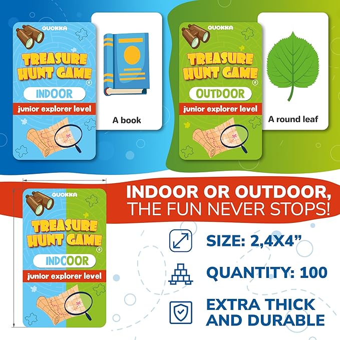 QUOKKA Scavenger Hunt for Kids Ages 4-8 - Treasure Hunting Outdoor Games for Kids 8-12 - 2 Walkie Talkies 2 Bags - 200 Outdoor & Indoor Cards - 3 Bracelets
