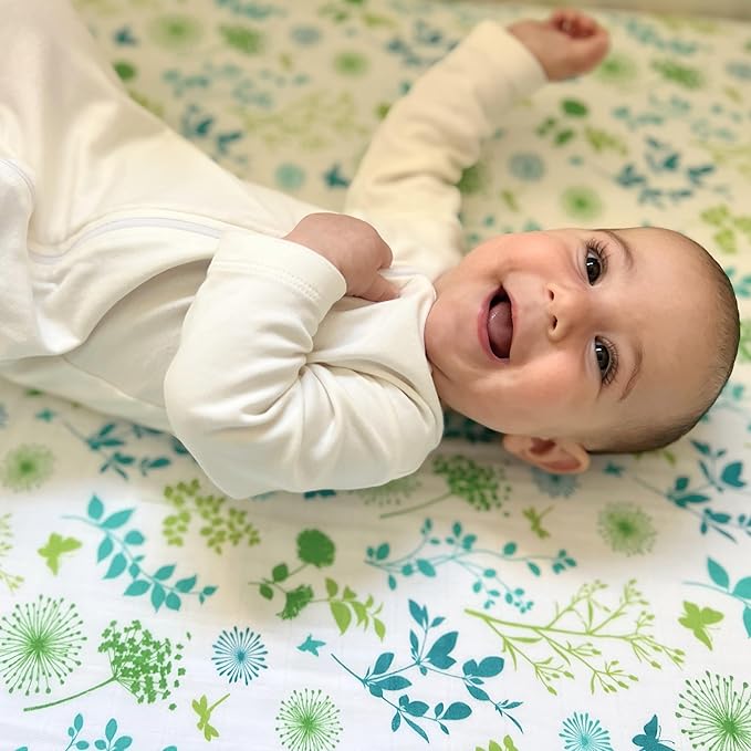 Margaux & May Organic Muslin Cotton Baby Crib Sheet, Meadow Print, Fitted, Breathable, Toddler Bedding, 52 x 28, Deep Pocket, Organic Crib Sheets for Cozy Sleep
