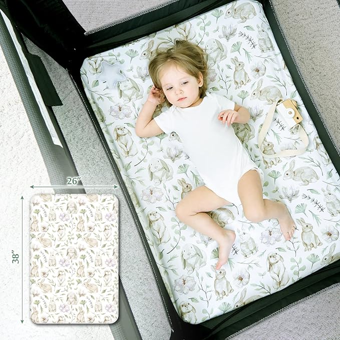 TCBunny 2 Pack Premium Fitted Baby 38X26 Mini Crib Sheets, Pack N Play Bassinet Sheets - Ultra-Soft 100% Cotton, Stylish Rabbit, and Garden Pattern, Safe and Snug for Baby