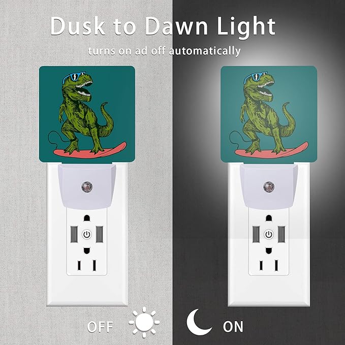 Dinosaur Night Light,Happy Dinosaur Surfer Night Lights Plug into Wall with Dusk to Dawn Light Sensors 0.5W Dim Night-Lights for Bedroom