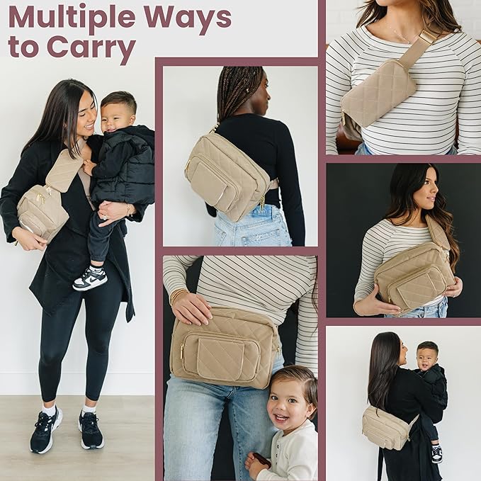 Lion & Light® Small Diaper Bag - Mini Diaper Bag with Portable Changing Pad, Fanny Pack Crossbody Bags for Baby & Toddler, Beige Travel-Friendly Baby Tote with Adjustable Strap & Zippered Pockets