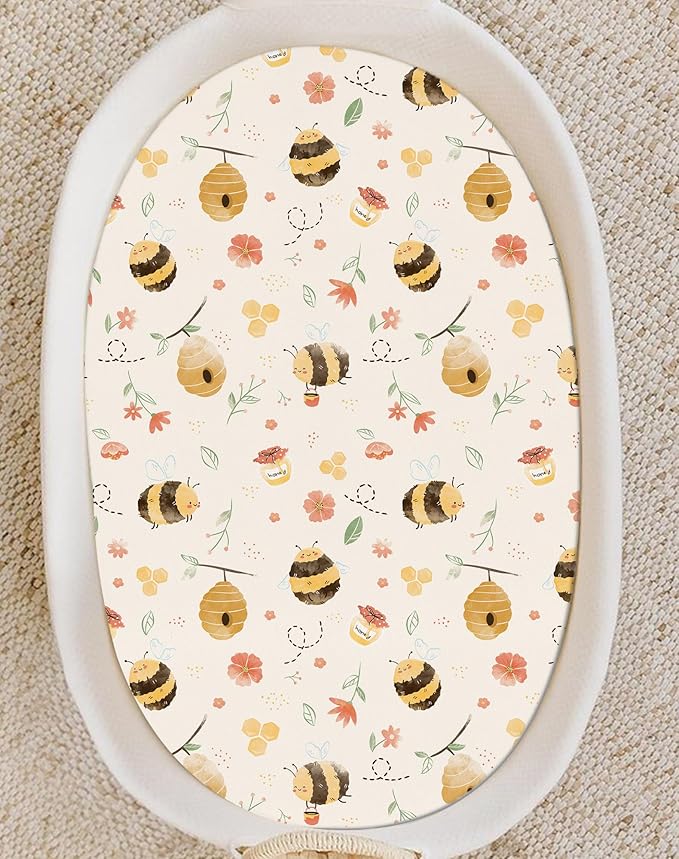 Bassinet Sheets for Baby Girls Boys 2 Pack, Fitted Baby Mattress Sheet for Rectangle, Oval, Hourglass Bassinet Mattress, Breathable Cozy & Universal Fit (Honeybee Dreams)