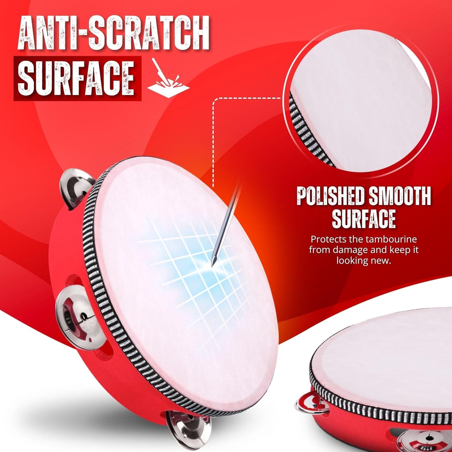 Flexzion Wooden Round Tambourine for Kids and Adults 6" Inch Single Row 8 Pair Jingles, Red Handheld Percussion Instrument for Beginner and Professional Tambourine Player