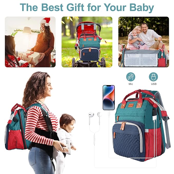 Diaper Bag Backpack, Baby Diaper Bag, Multifunctional Large Capacity, with Diaper Changing Station, Travel Diaper Bag Backpack (Blue-Green)