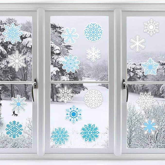 MARFOREVER 50 PCS Winter Gel Window Clings Stickers Reusable Christmas Snowflake Thick Gel Clings Decals for Kids Classroom Home Winter Christmas Party Supplies Window Glass Decorations