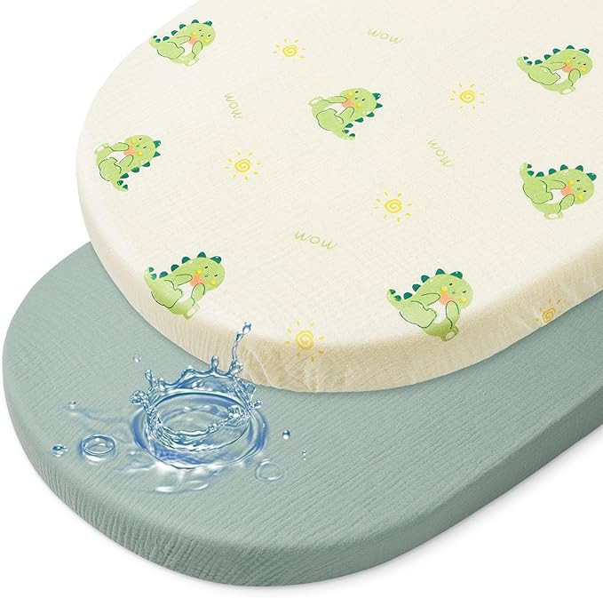 Baby Bassinet Sheets TPU Waterproof 2 Pack Soft Muslin Bedside Bassinet Mattress Sheets with Bottom Elastic Band for Baby Boy Girls Unisex Fit Hourglass Oval and Rectangle, Green Dinosaur