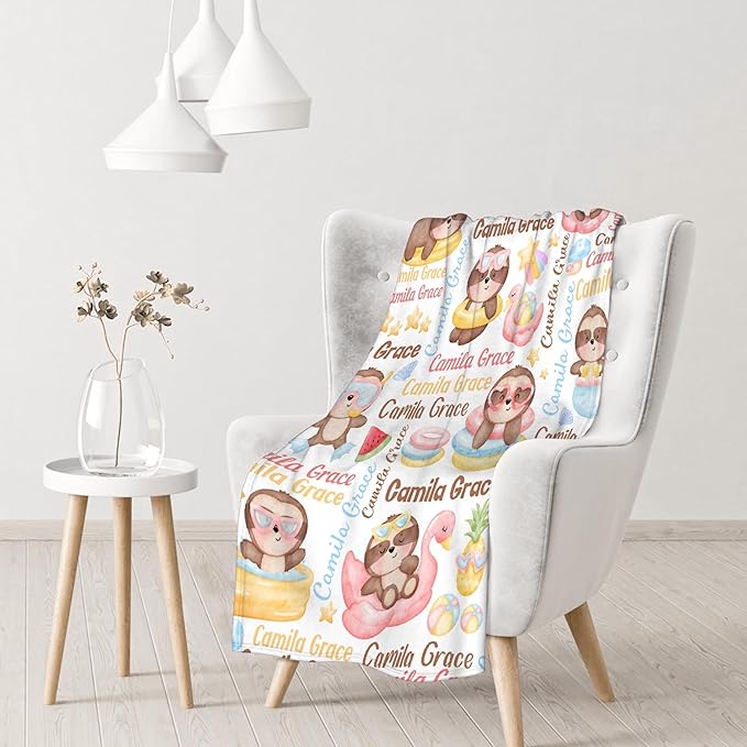 Personalized Baby Blanket for Girls Boys Kids Sloth Custom Baby Blanket with Name Throw Birthday Gift for Toddlers Infants Shower Newborns Nursery Stroller Crib Bed Decor