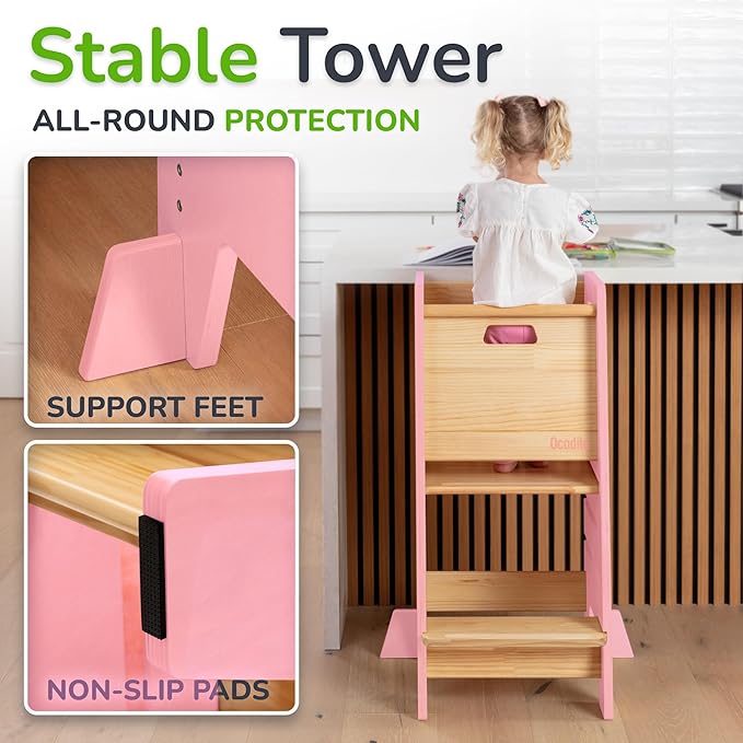 OCODILE Toddler Tower with a Sliding Door and 3 Adjustable Heights - Complete Toddler Kitchen Stool Helper with Support Feet - Safe Design for 18+ Months to 6-Year-Old Kids - Pink