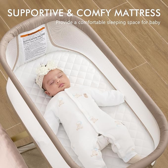ANGELBLISS 3 in 1 Baby Bassinet, Rocking Bassinets Bedside Sleeper with Calming Motion, Portable Nest for Newborn Infant, Breathable Mesh (Khaki)