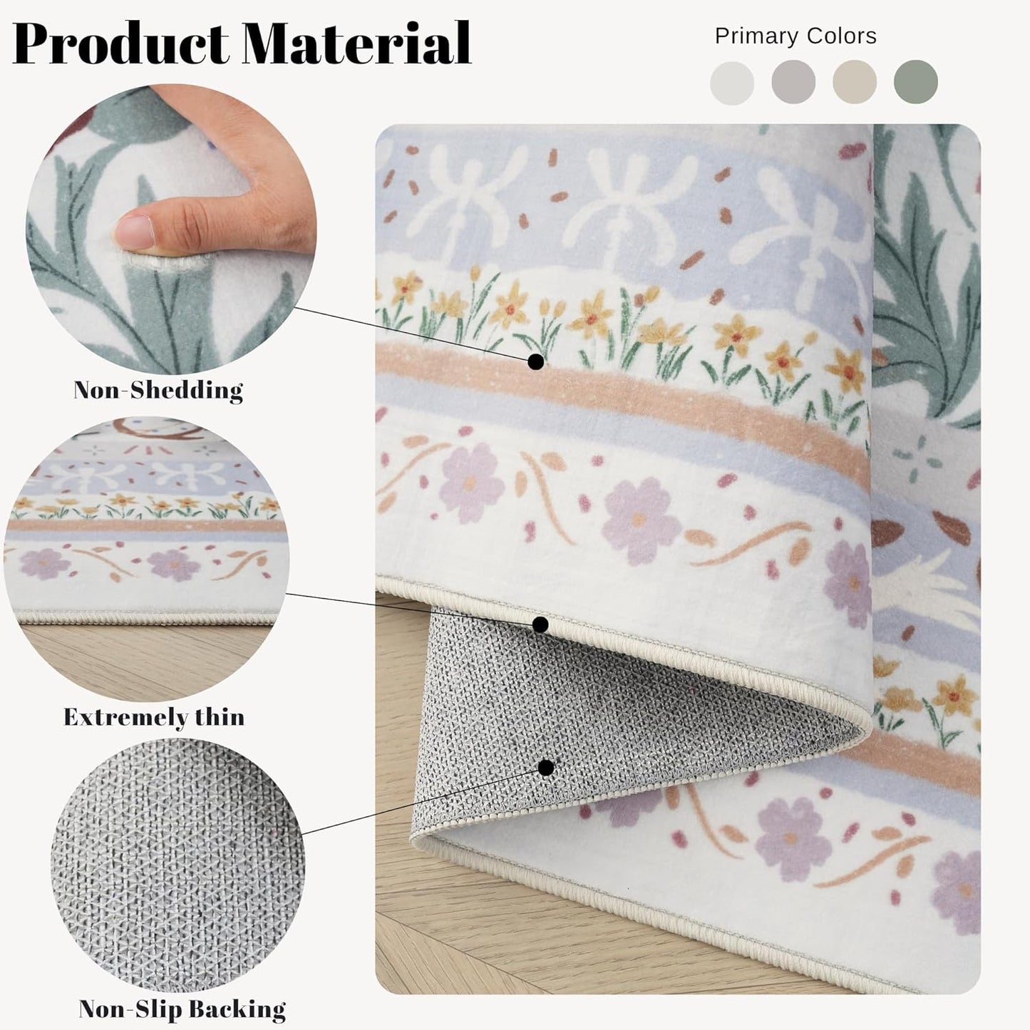 Bedroom Rug 3x5 Rug Washable Area Rug Non Slip Low Pile Vintage Floral Botanical Small Carpet for Bedroom, Bedside, Kitchen, Entryway, Kids Room, Office, Beige