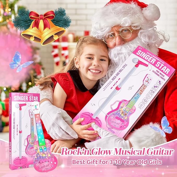 Kids Guitar and Microphone Playset, Musical Guitar Play Set with Adjustable Stand,Toy Guitar Starter Kit with 4 Strings, Electric Guitar Karaoke Toys with Music Lights for Boys Girls