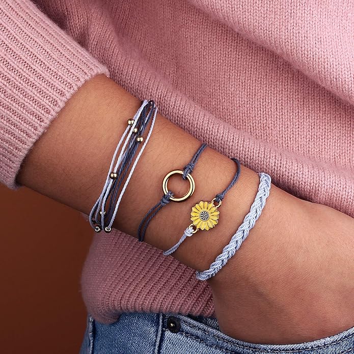 FANCY SHINY Sunflower String Bracelet Boho Braided Rope Wrap Bracelets Cute Summer Beach Surfer Jewelry for Women Christmas Gifts