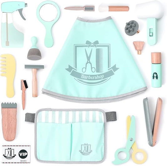 UMU® Wooden Kids Hair Salon Playset, Makeup Toy Set, Hair Styling Toys for Girls, Kids Shaving Kit for Boys, Kids Barber Playset, Gifts for 3 4 5 Year Old Girls Boys (18 PCS)