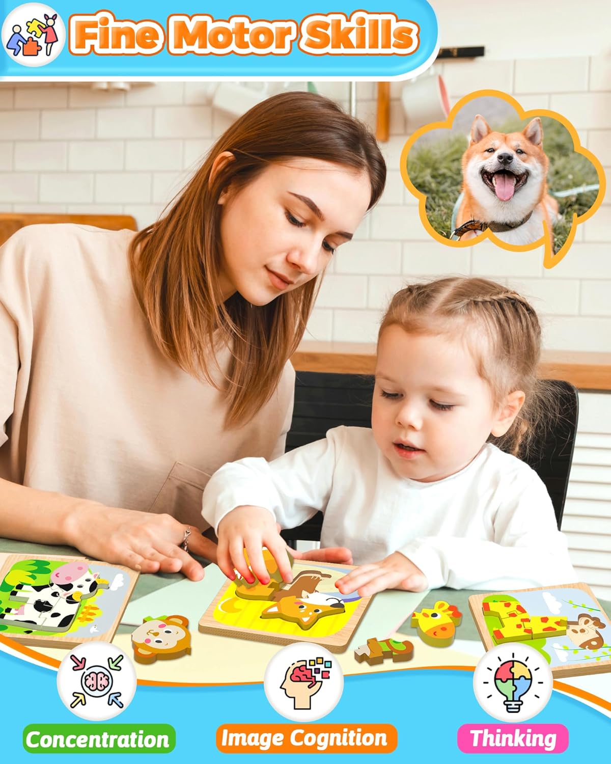 Benresive Wooden Toddler Puzzles, 12pcs Animal Montessori Toys for 1-3 Year Old Boys & Girls, Learning Educational Preschool Toys, Great Gifts for 1 2 3 Year Olds