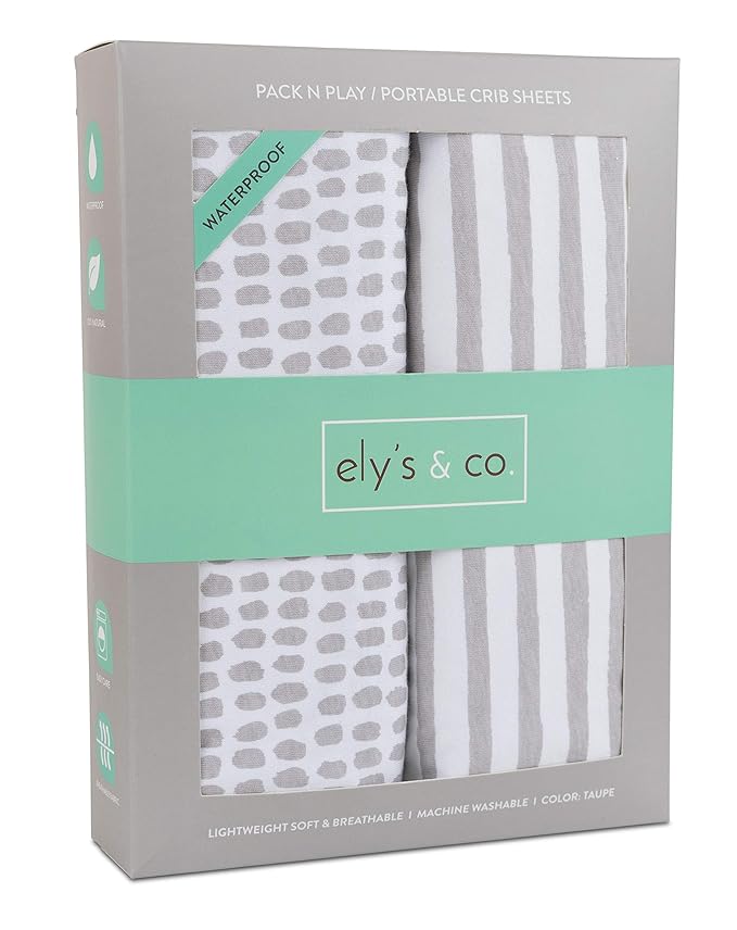 Ely’s & Co. Waterproof Pack and Play/Mini Crib Sheets – All-in-One Mattress Protector and Fitted Playard Sheets – Jersey Cotton – Grey Splash & Stripes, Gender Neutral Nursery Bedding – 2-Pack