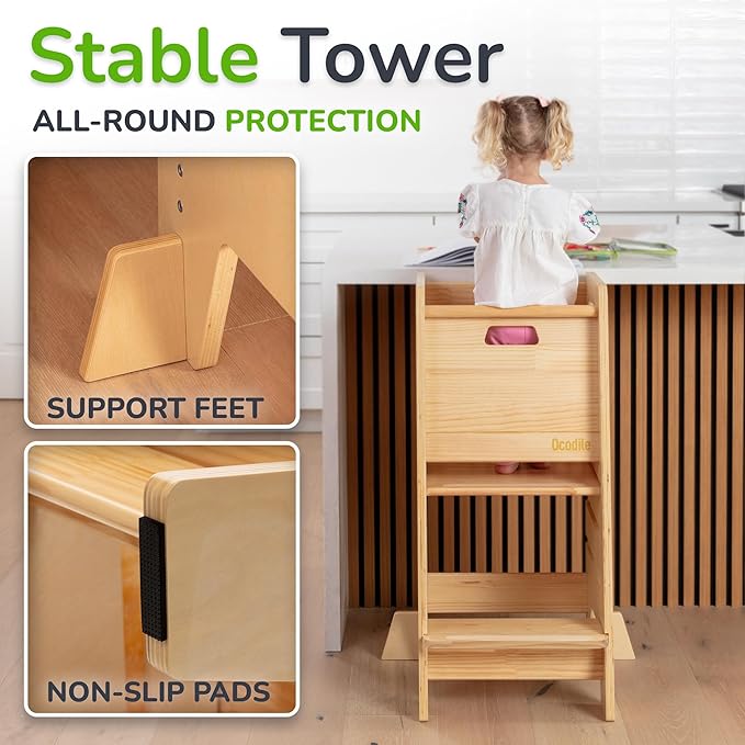 OCODILE Toddler Tower with a Sliding Door and 3 Adjustable Heights - Complete Toddler Kitchen Stool Helper with Support Feet - Safe Design for 18+ Months to 6-Year-Old Kids - Varnished
