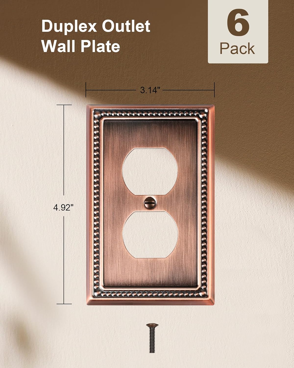 6-Pack Duplex Outlet Cover Plate, Antique Copper Metal Wall Plates for Electrical Outlets, 1 Gang Receptacle Cover, Pearls Decorative Switch Plates and Outlet Covers