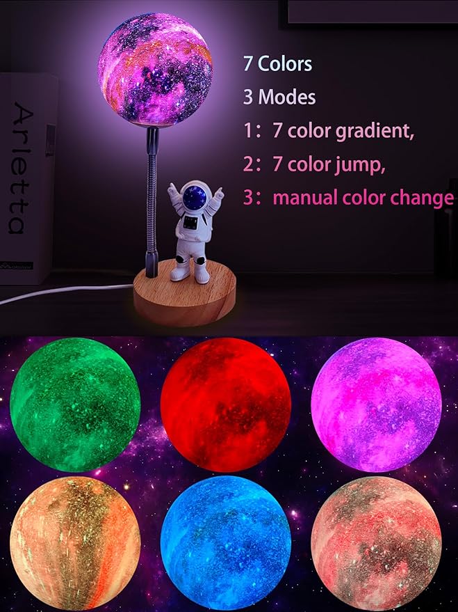 WLHONG Moon Lamp for Kids,Space Buddy Lights with 7 Color Astronaut Night Light,USB Powered and Button Control 3D Moon Table Lamp,Perfect for Bedroom,Nursery and Space-Themed Parties (Galaxy)