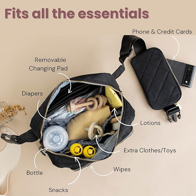 Lion & Light® Small Diaper Bag - Mini Diaper Bag with Portable Changing Pad, Fanny Pack Crossbody Bags for Baby & Toddler, Black Travel-Friendly Baby Tote with Adjustable Strap & Zippered Pockets