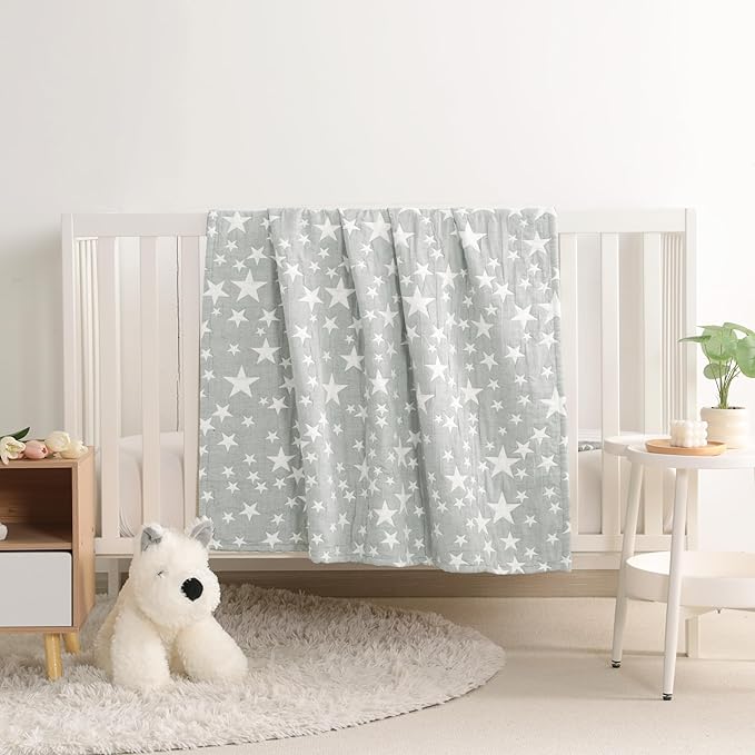 NTBAY 3 Layer Toddler Blanket, Muslin Cotton Jacquard Bed Blankets, Lightweight Thermal Baby Blanket, Super Soft and Warm Crib Blanket for All Seasons, Decoration Gift, 30"x40", Grey Star