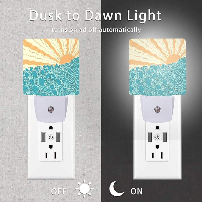 Waves Night Light,Sea Landscape Sun Plug-in Night Lights with Dusk-to-Dawn Sensor for Women/Girls/Boys Gift Sleep Friendly lamp for Bedroom, Bathroom and Living Room,0.5W