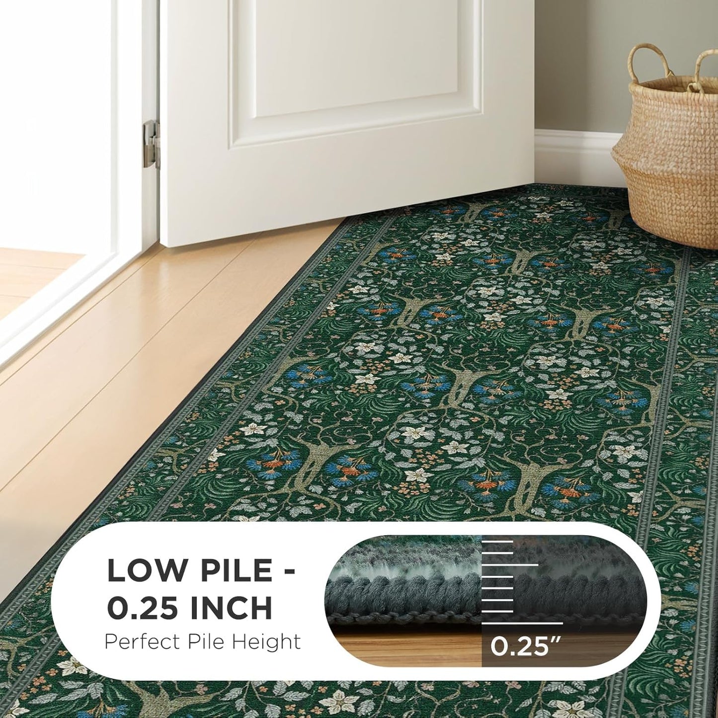 Joydeco Washable Runner Rug Non Slip, Floral Kitchen Carpet Runner 2x6, Soft Low-Pile Botanical Forest Indoor Floor Door Mat for Hallway Bathroom Entryway Laundry Room, Dark Green