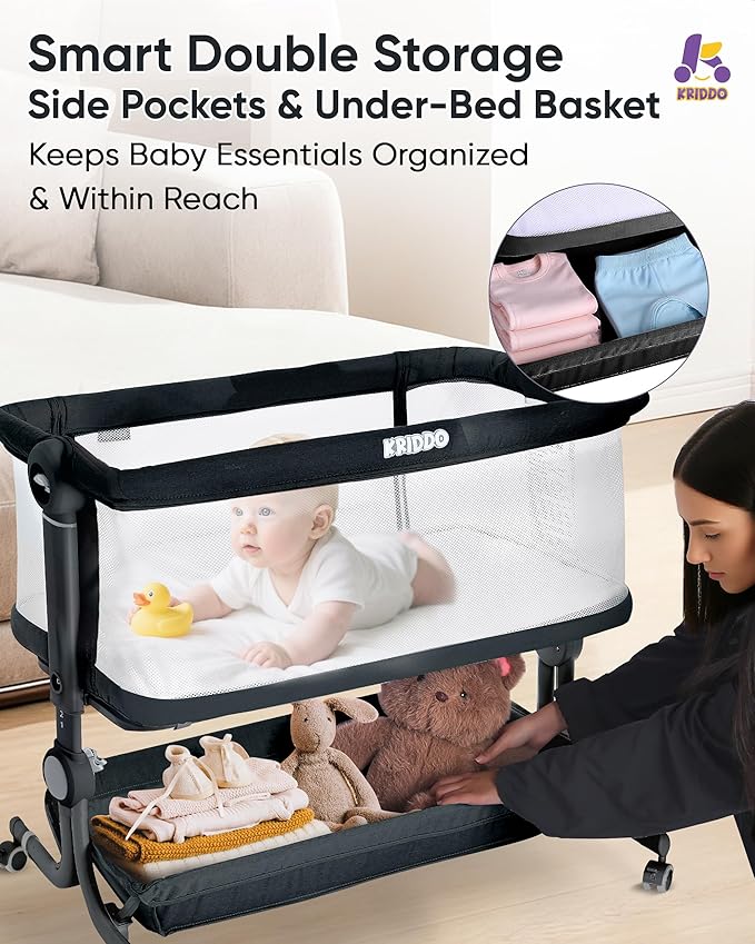KRIDDO 2-in-1 Baby Bassinet for Infant, Bedside Bassinet with All-Around Breathable Mesh, Lockable Wheels, Adjustable Height and Incline, Bedside Sleeper for Baby with Large Storage Basket, Dark Grey