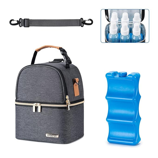 Breastmilk Cooler Bag with Ice Pack Fits 6 Baby Bottles up to 9 Ounce, Breastmilk Pump Cooler Bag with Shoulder Strap for Nursing Mom Daycare, Work, Travel- Grey