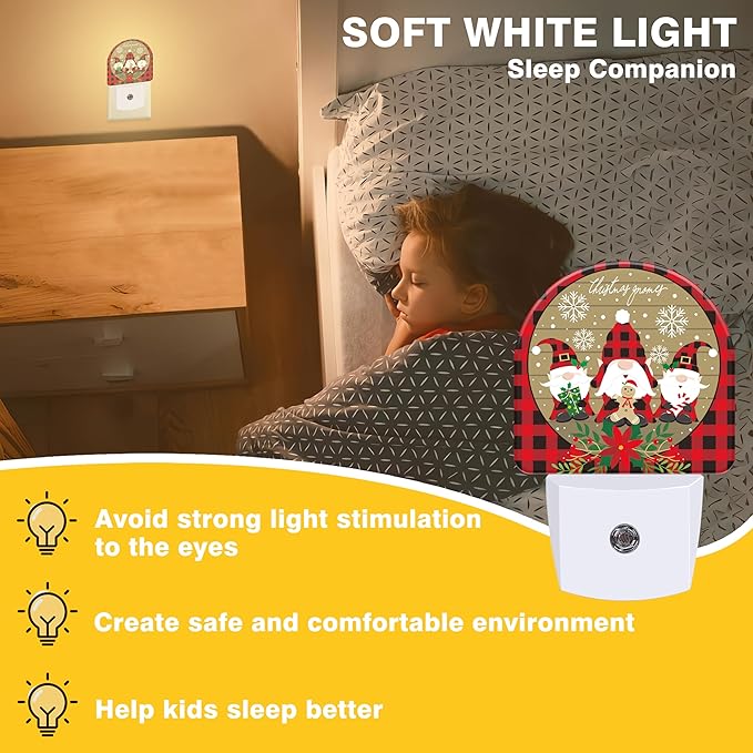 Red and Black Buffalo Plaid Night Lights Plug into Wall Christmas Gnomes Night Light Dusk to Dawn Smart Sensor Decorative Round Led Lamp for Bedroom Kitchen Hallway Nightlight for Women Men