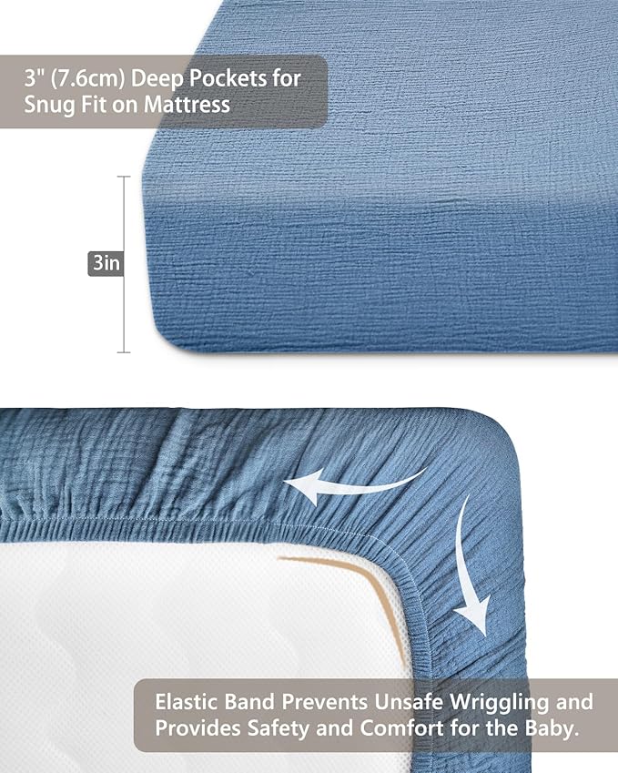 Pack and Play Sheets for Baby Boys and Girls 39"x27"x3", Neutral Muslin Cotton Pack N Play Mattresses Sheet with Boho Style, Soft and Breathable Comfort (Blue)