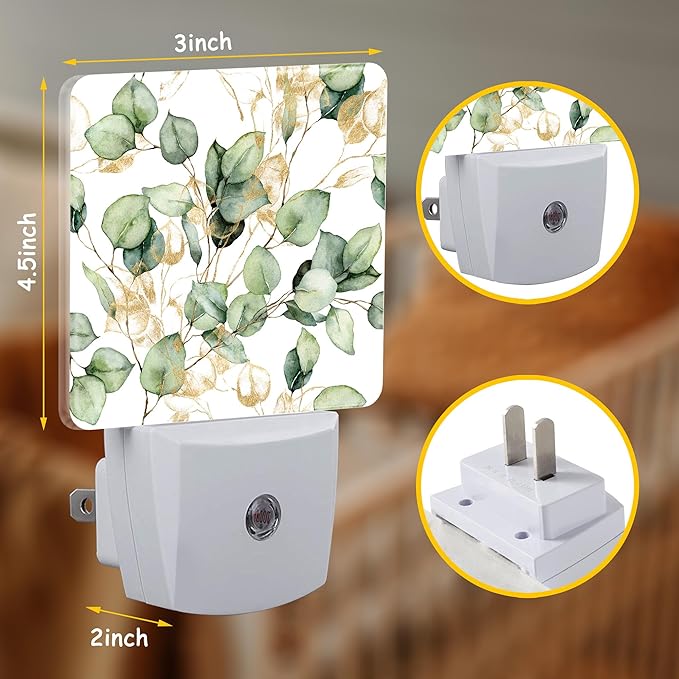 Night Light,Watercolor Eucalyptus Leaf Plug-in Night Light Auto Dusk-to-Dawn Sensor Gold and Green Leaves Energy Efficient LED Lamp for Room Decor,Hallway,Kitchen,Bathroom,Nursery,Stairs