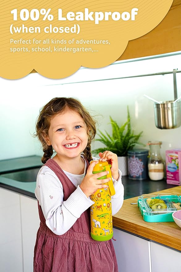 Jarlson® Mali Children's Water Bottle, Thermal Stainless Steel Water Bottle, BPA-Free, Leak-Proof, Children's Bottle with Chug Lid, Bottle for School, Nursery (Safari, 500 ml)