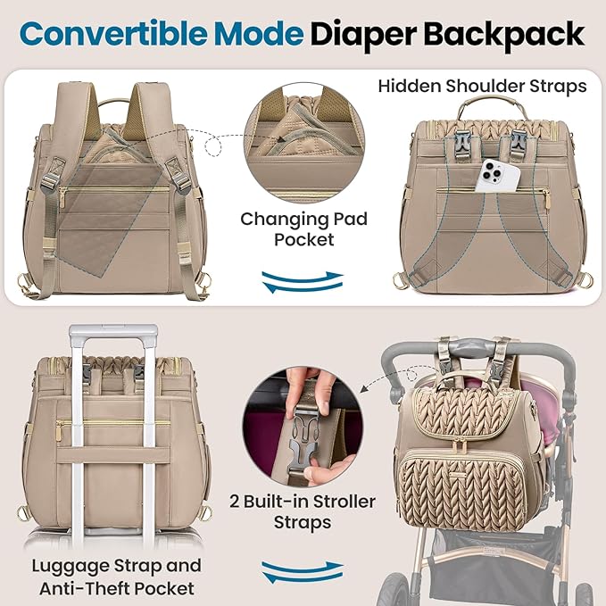 4 in 1 Convertible Diaper Bag Backpack,Waterproof Baby Diaper Bag with Changing Pad,Converts into Baby Tote Bag,Diaper Backpack,Stroller Bag and Crossbody Diaper Bag