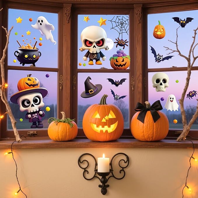 9 Sheets Halloween Window Clings,Cut Ghost Pumpkin Bat Cat Stickers,Reusable Halloween Window Decals Decorations for Party Supplies Home Shop Glass Decor