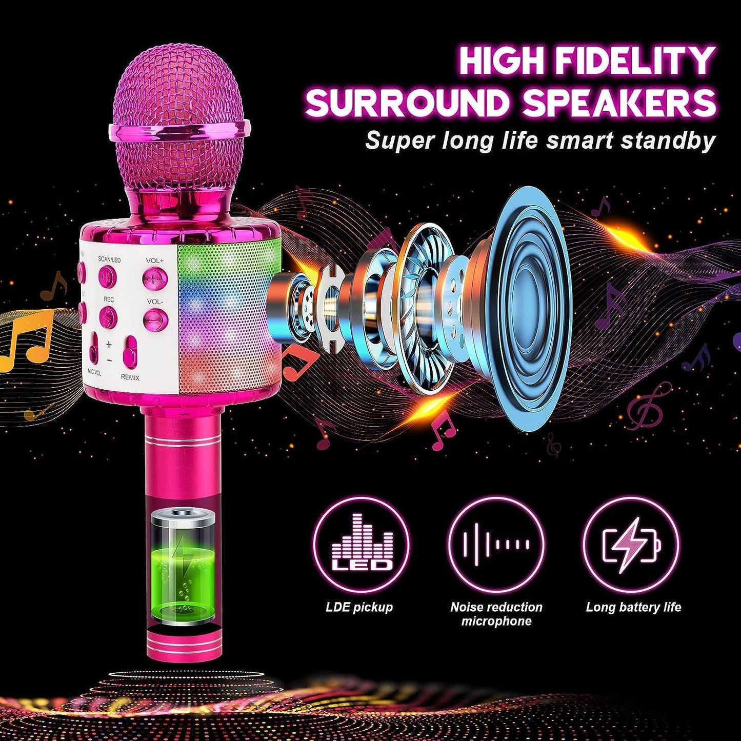 BlueFire 4 in 1 Karaoke Wireless Microphone with LED Lights, Portable Microphone for Kids, Great Gifts Toys for Kids, Girls, Boys and Adults (Purple)