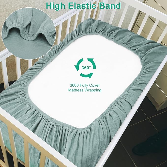 Muslin Fitted Crib Sheets for Girls & Boys-2 Pack 28"x 52" Soft Baby Mattress Sheet-No Slip Boho Neutral Breathable Toddler Cotton Bedding Sage Green & Beige