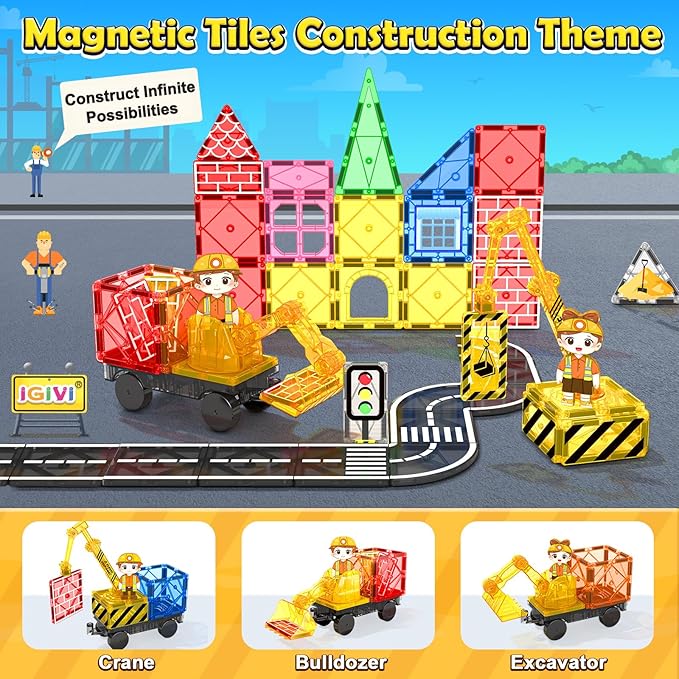 106PCS Magnetic Tiles Road Construction Set - STEM Magnet Building Blocks with Excavator & Crane - Educational Toys Games for Kids Ages 3-12 - Toddler Toys Gifts for Boys and Girls