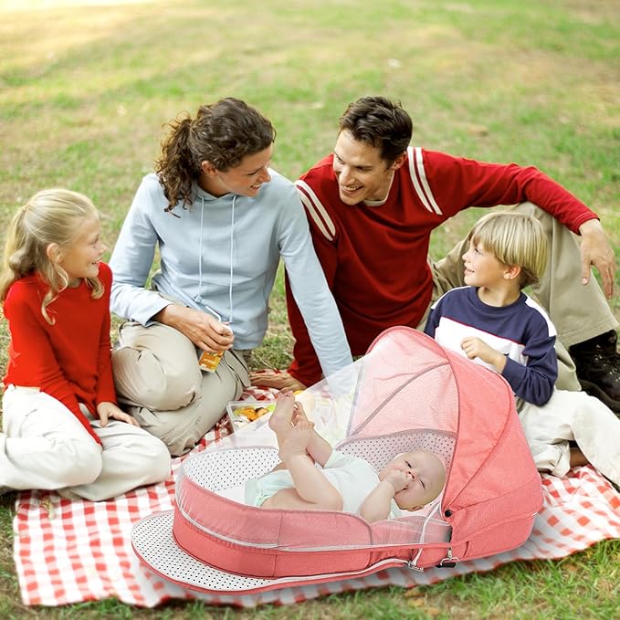 Baby Travel Bassinet Portable Bassinets, Foldable Carry Bag Bassinet Travel Crib, Lightweight Baby Lounger Pod Infant Bed with 2-1 Mosquito & Canopy (Pink)