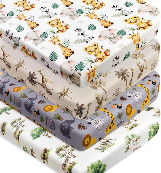 4 Pack Safari Jungle Animals Neutral Unisex Fitted Nursery Baby Sheets Set Toddler Mattress Sheets for Baby Boys or Girls (Crib Sheets)