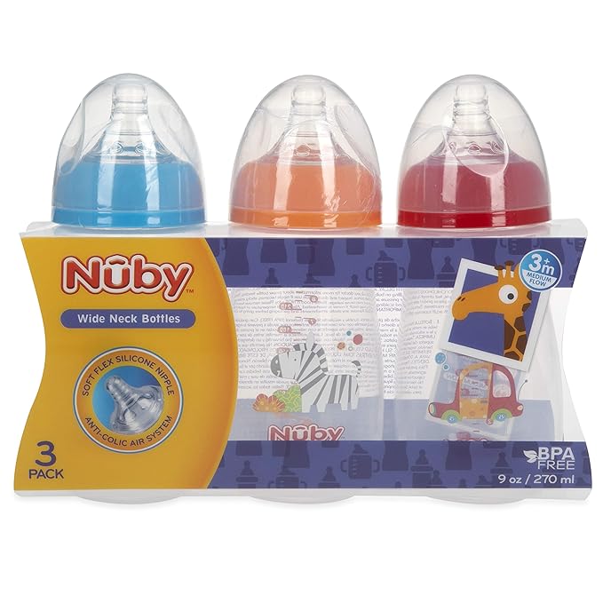 Nuby Tritan Wide Neck Non-Drip Bottles with Anti-Colic Air System: 9oz./ 270 Ml, 3 Pack, 3M+, Multi