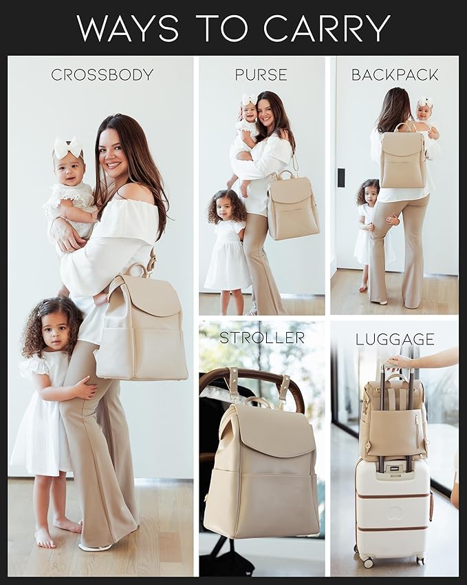 MIA + SOPHIA Leather Diaper Bag Backpack with USB Charging port, Changing Pad, Stroller Straps, and Bottle Holder (Beige Olivia)