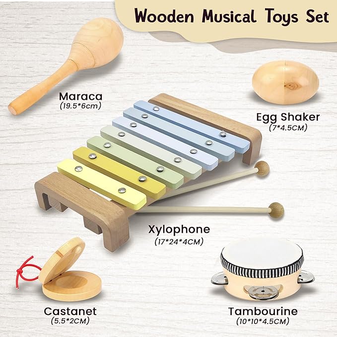 Natural Wood Baby Toys - Musical Toys for Toddlers 1-3: Toddler Musical Instruments Set of 5 in 1, with a Tambourine, Egg Shaker, Castanet, Maracas and Xylophone for Kids at All Ages